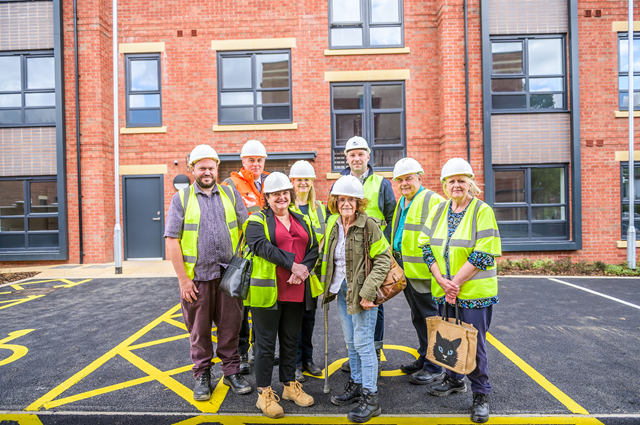 (left to right) Cllr Sam Edwards, Eastlands Ward councillor, Dan Green, acting chief executive of Rugby Borough Council, Michelle Dickson, the council's chief officer for communities and homes, Cllr Claire Edwards, Rugby Borough Council portfolio holder for communities and homes, regulation and safety, Cllr Tricia Trimble, Eastlands Ward councillor, Homes England's Alex Chirica, Cllr Neil Sandison, Eastlands Ward councillor, and Cllr Noreen New, Rugby Borough Council's Liberal Democrat spokesperson for communities and homes, regulation and safety.